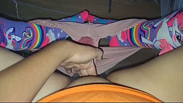 Home video of my legs open in my wet thong with unicorn stockings and I feel so good putting my fingers in my wet vagina because I'm feeling hot.